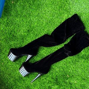 Black Velvet Over-the-Knee Platform Boots